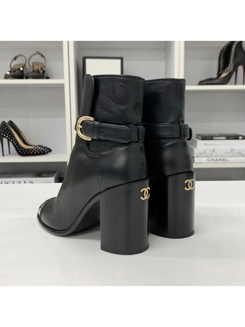 Chanel CC Logo Belt Leather Patent Short Boots Black
